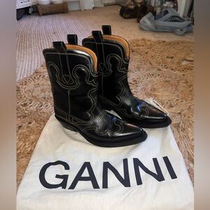 Ganni Western boots yellow stitch.